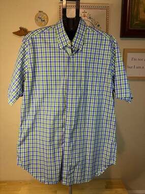 Tailorbyrd Men's 2XLT Short Sleeve Button Down Shirt Blue Green White Plaid